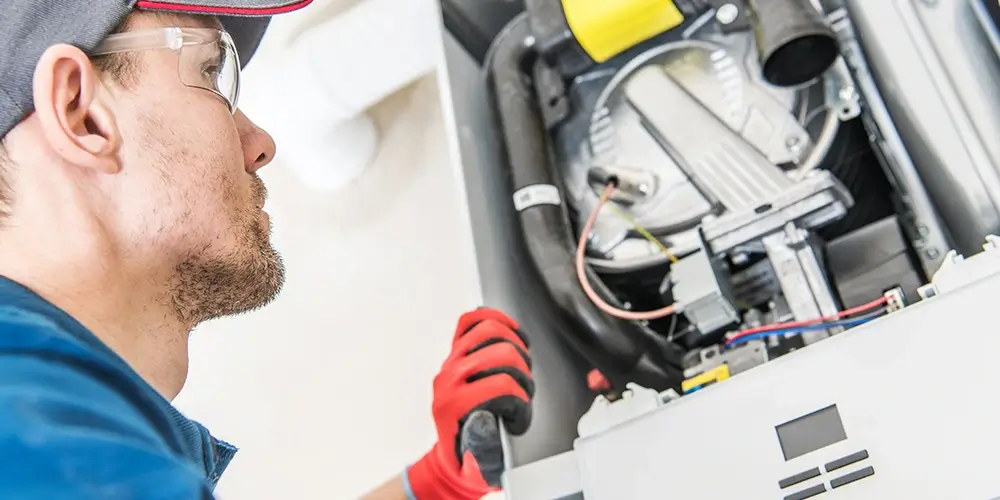 Technician installing a new furnace