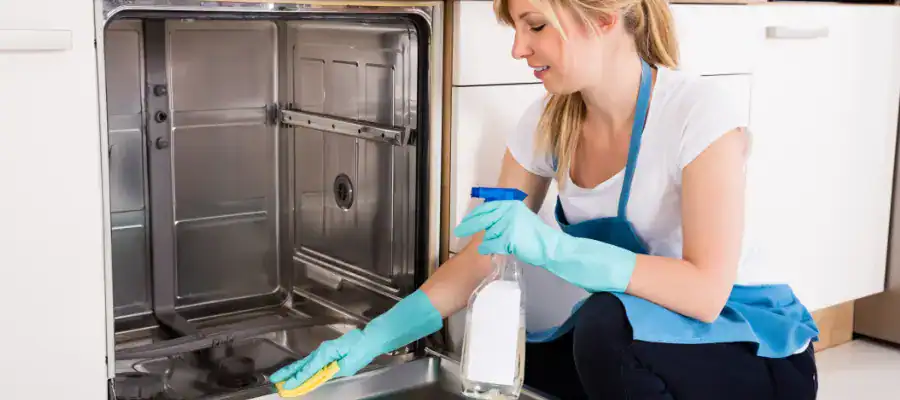 A woman cleans a dishwasher
