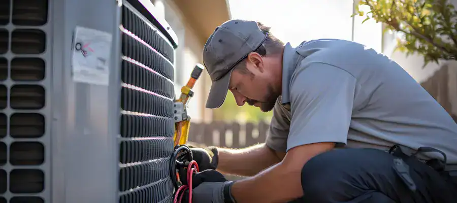 An HVAC contractor checks an AC unit