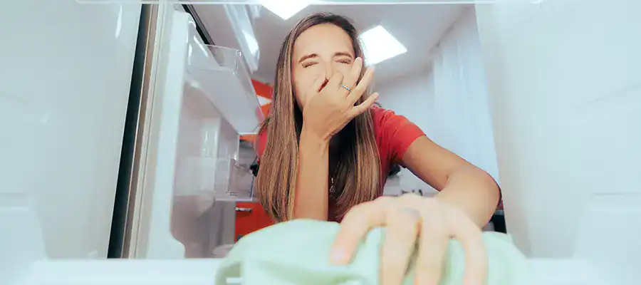 A woman cleans a smelly fridge