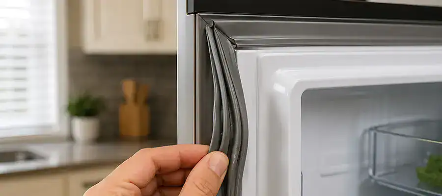 A homeowner checks a refrigerator door gasket