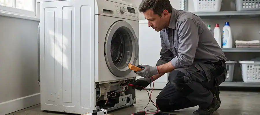 A man uses a multimeter to test a dryer