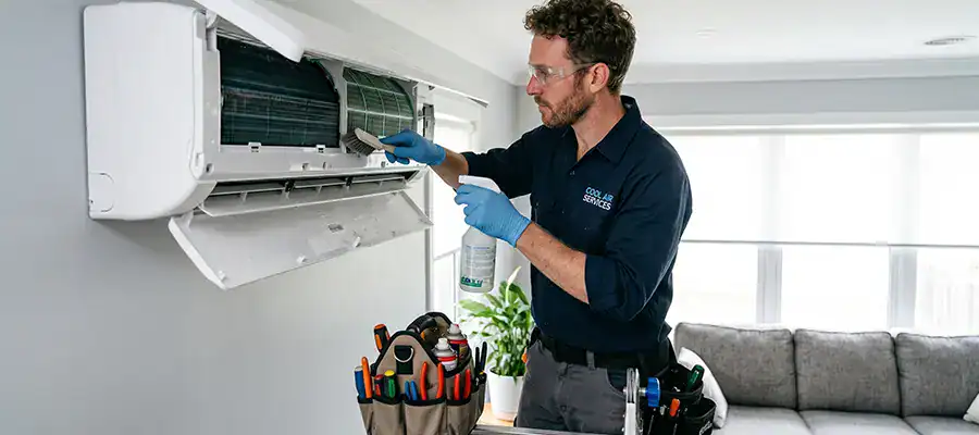 A technician maintains an AC unit